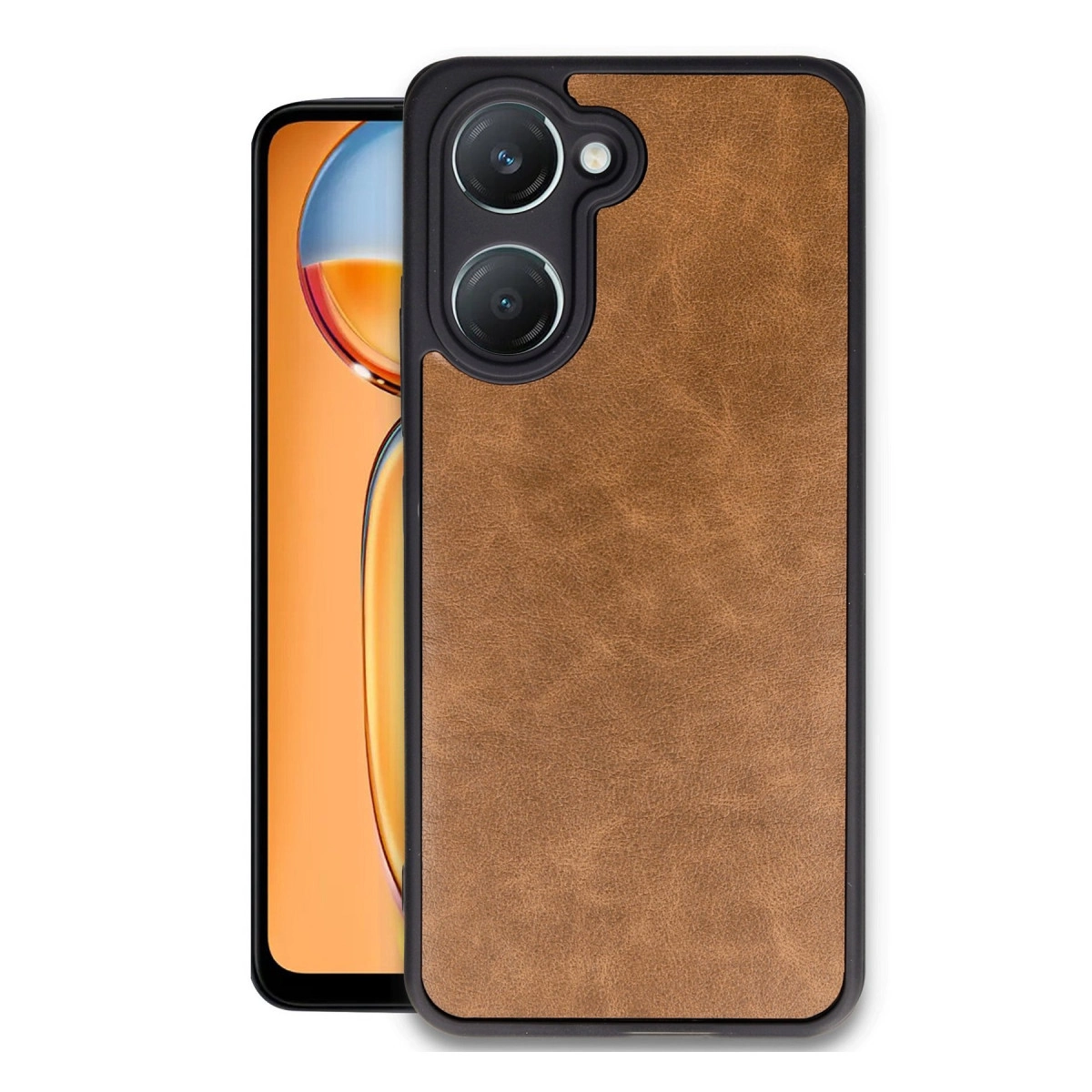 Turuncu bir telefonda iki kamerası olan kahverengi telefon kılıfı.