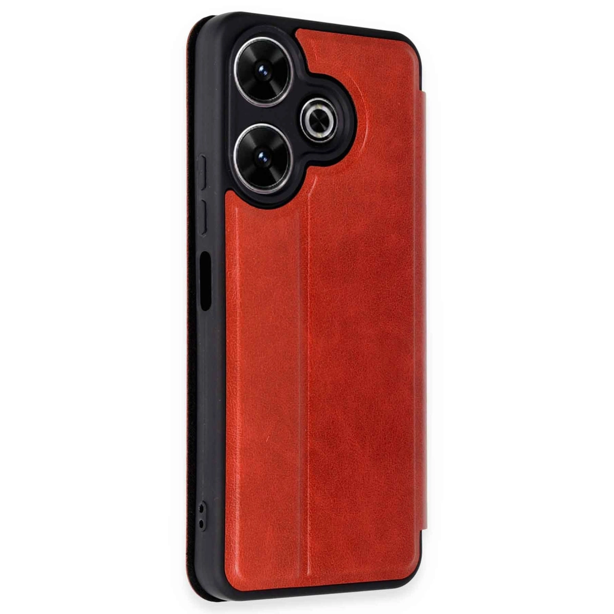 Üç kamera lensli ve flaşlı kırmızı telefon kılıfı.