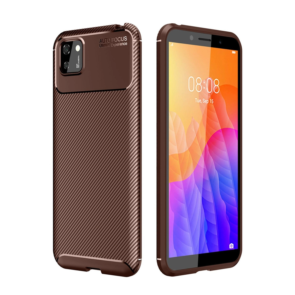 NEWFACE Huawei Y5p Uyumlu Auto Focus Karbon Kapak Telefon Kılıfı Kahverengi