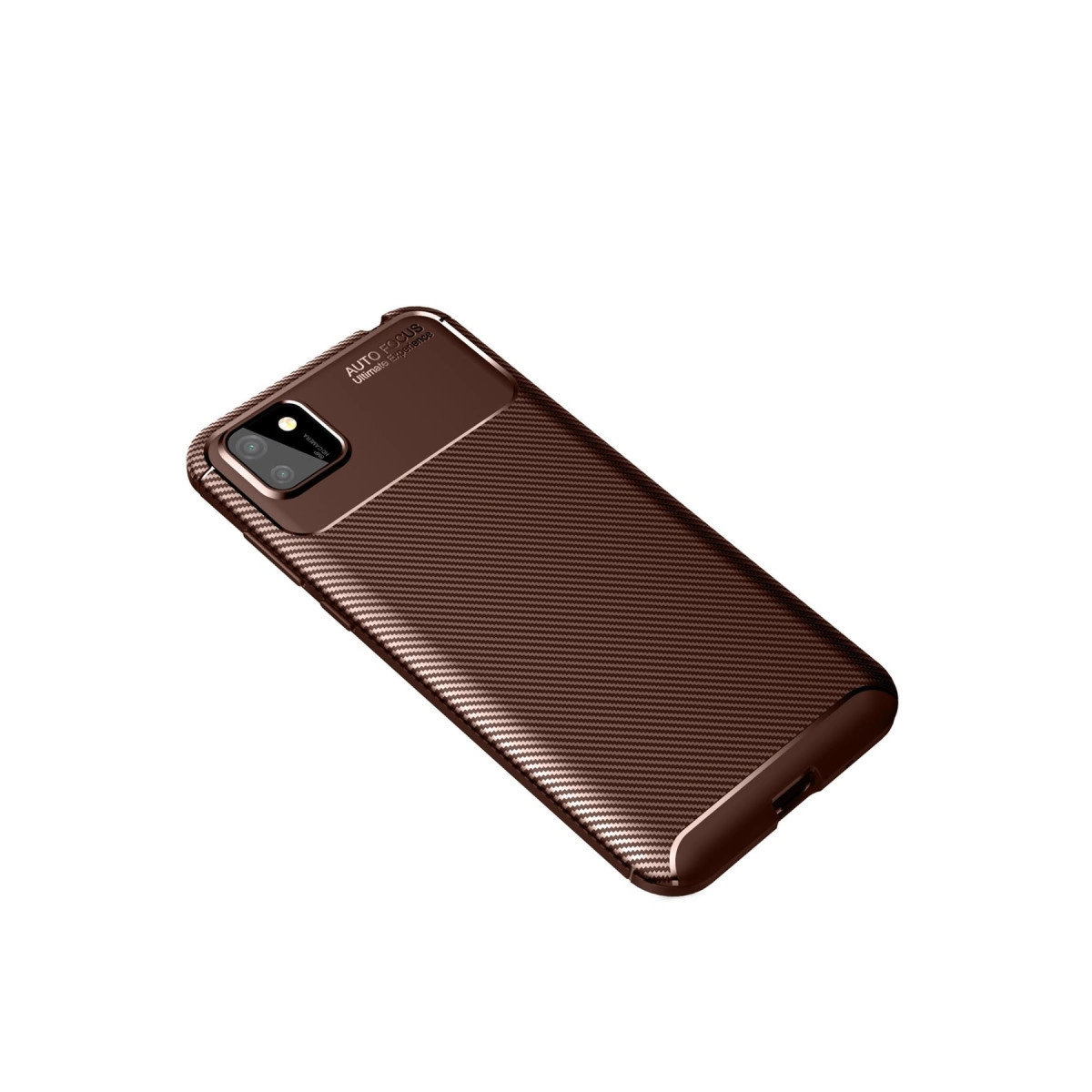 Karbon fiber desenli kılıflı kahverengi telefon ve kamera sistemi.