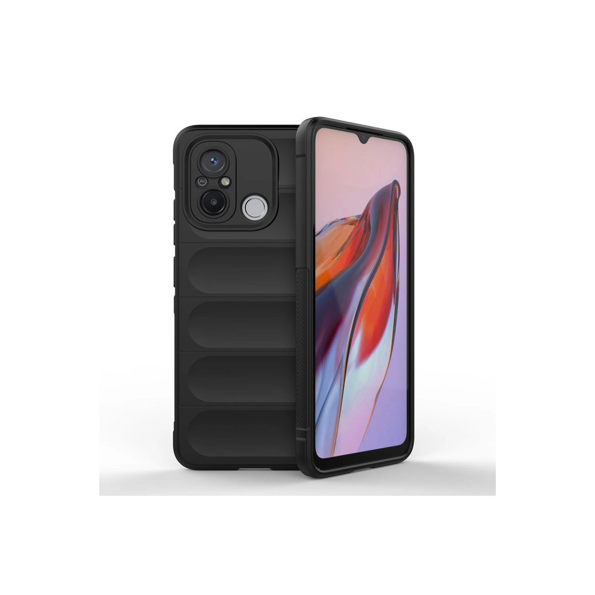 Kanallı arka yüzeye sahip siyah telefon kılıfı, renkli ekranlı bir akıllı telefonun yanında.