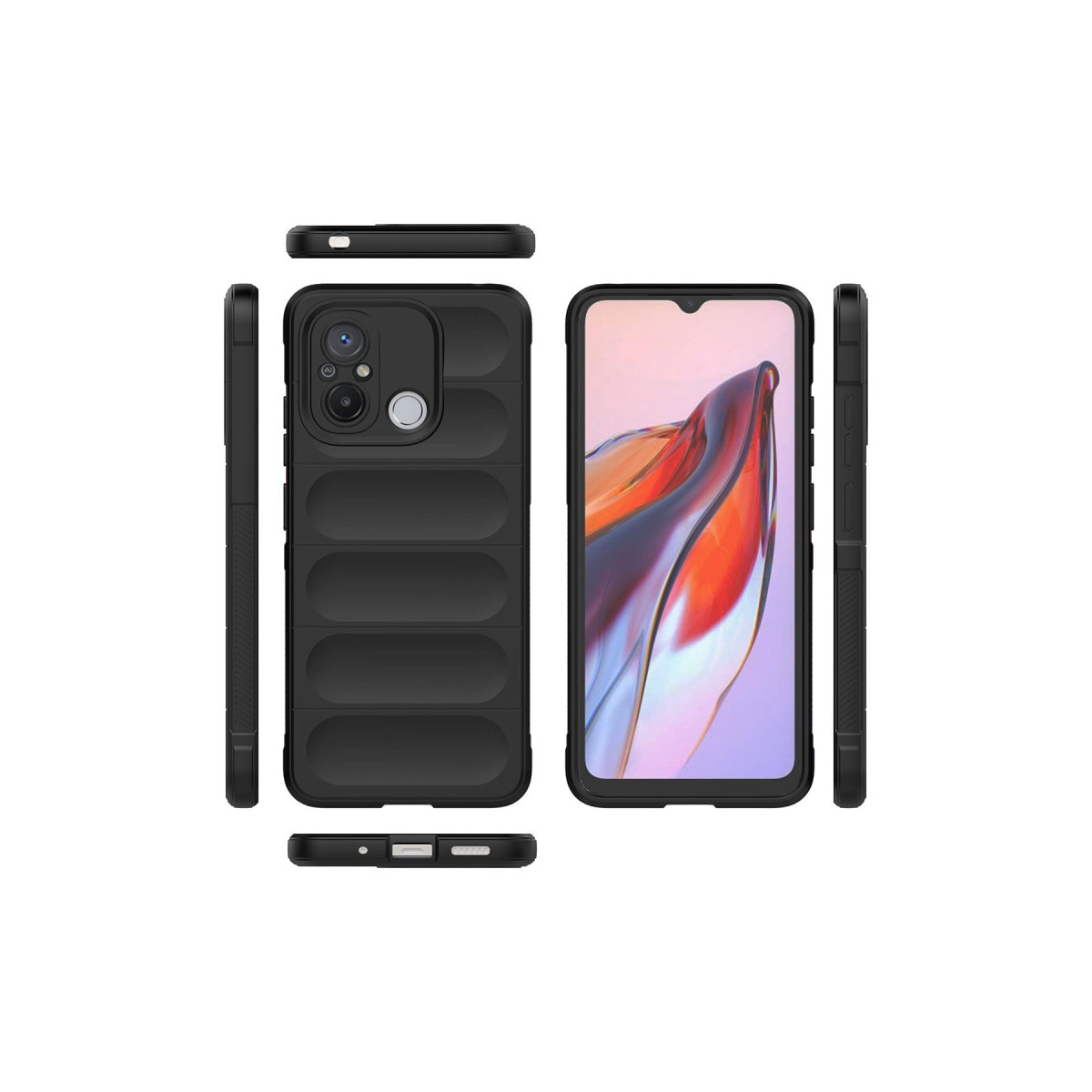 Kanallı dokulu siyah telefon kılıfı, ön, yan ve üst görünümler.