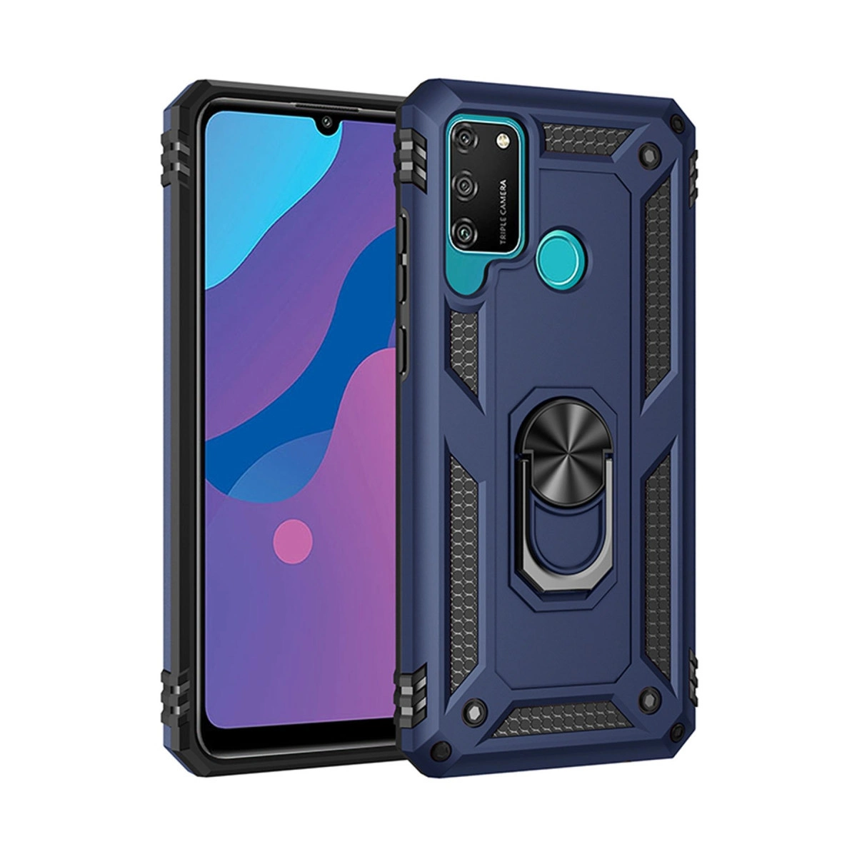 Halkalı tutuculu ve üçlü kamera kesimli lacivert telefon kılıfı.