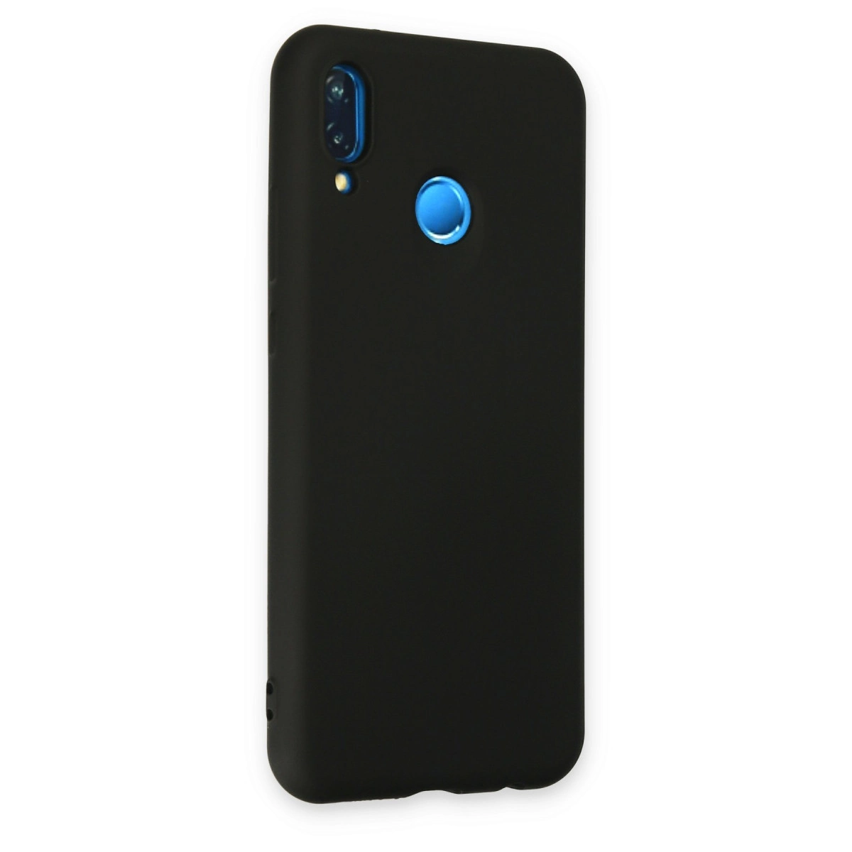 Arkada mavi kamera ve parmak izi sensörlü siyah telefon kılıfı.