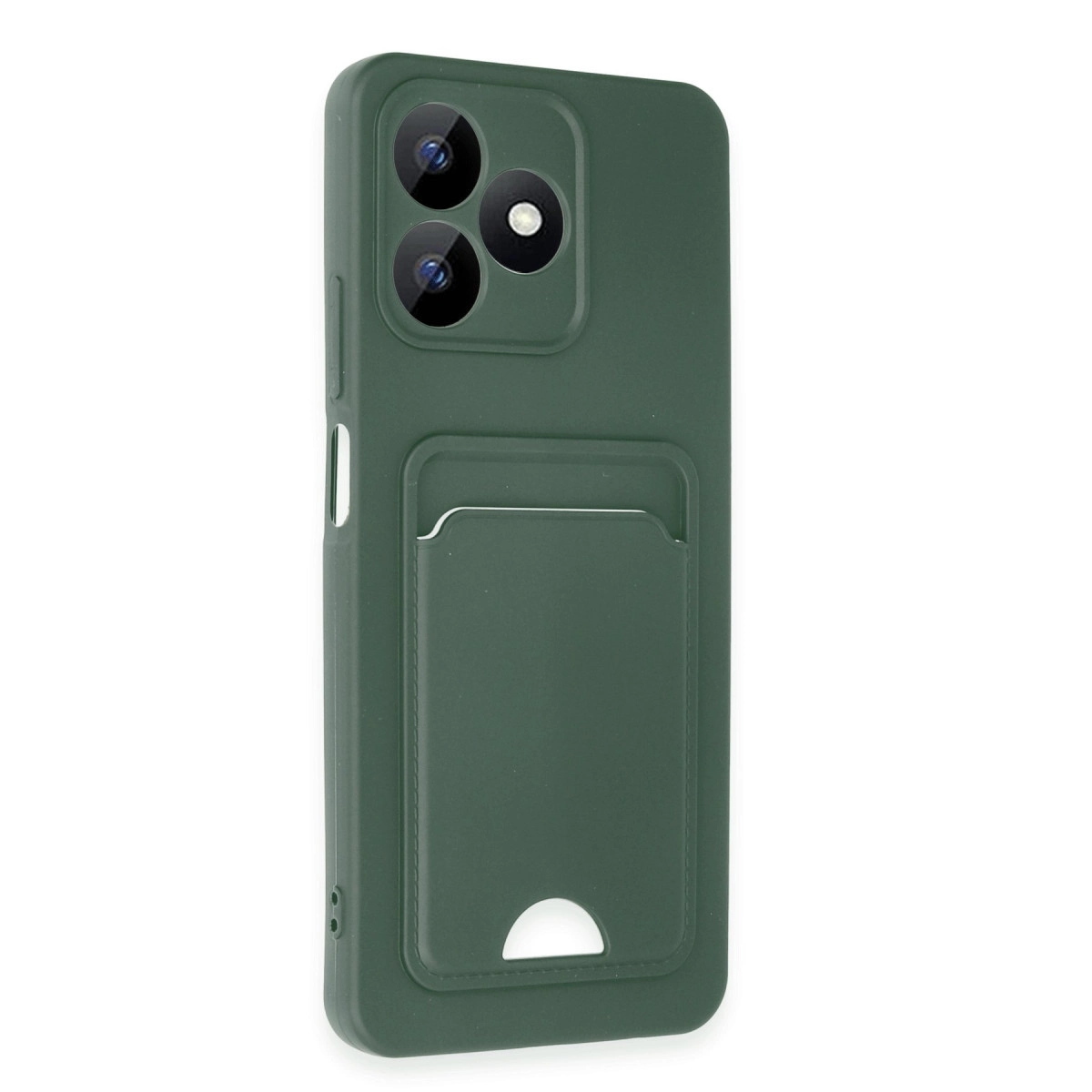 Üç kamera lensli ve kart bölmeli koyu yeşil telefon kılıfı.
