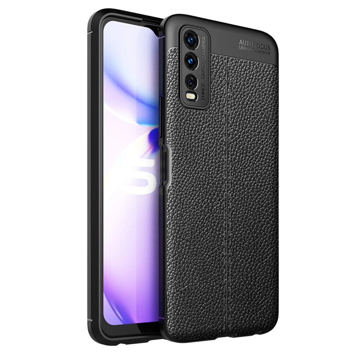 Arkada üç kamerası olan siyah, dokulu telefon kılıfı.