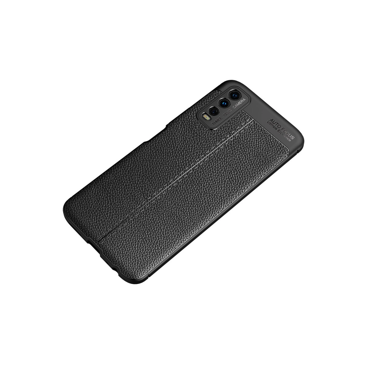 Deri dokulu, üçlü kamera açıklıklı siyah telefon kılıfı.