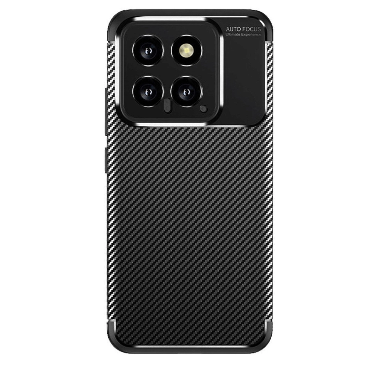 Karbon fiber desenli, dörtlü kameralı siyah telefon kılıfı.