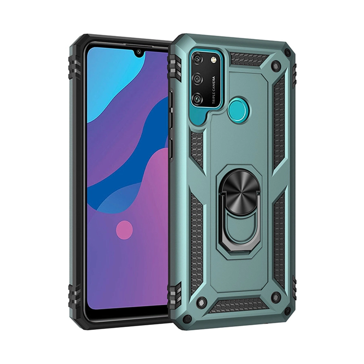Arkada üçlü kamera ve halka tutuculu turkuaz telefon kılıfı.