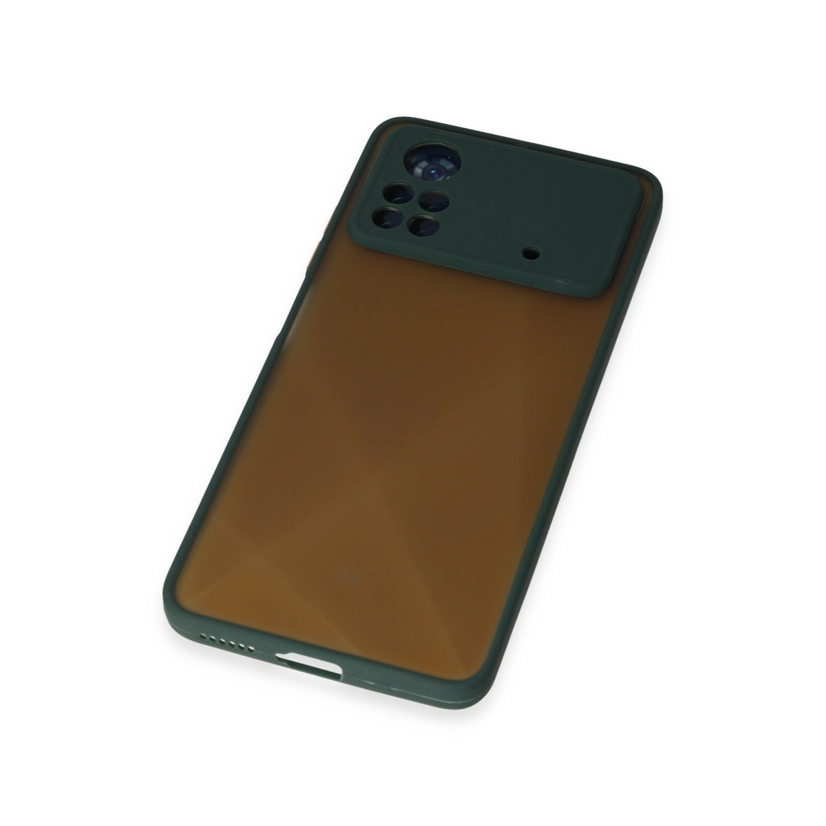 Dumanlı kahverengi arka ve kamera bloğu olan koyu yeşil telefon kılıfı.