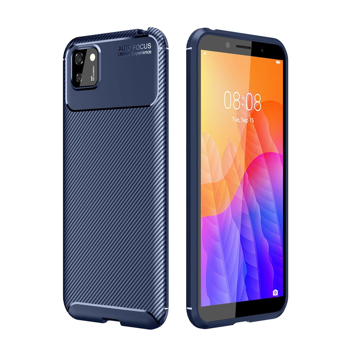 Karbon desenli mavi telefon kılıfı ve renkli arka plana sahip bir akıllı telefon.