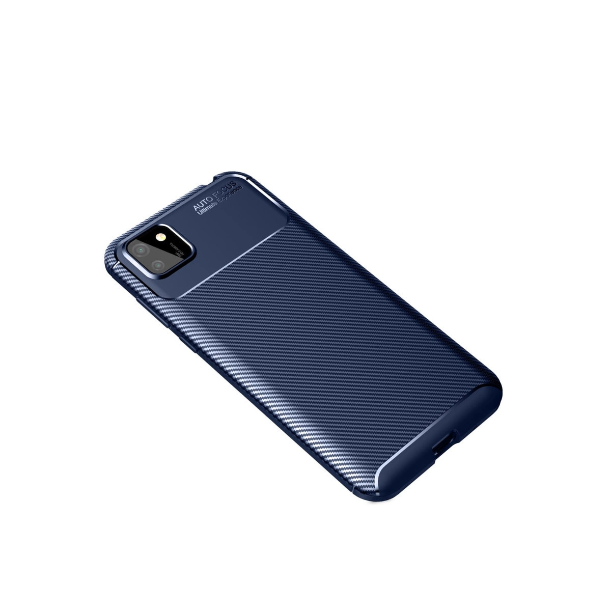 Karbon fiber desenli, koyu mavi telefon kılıfı ve lens.