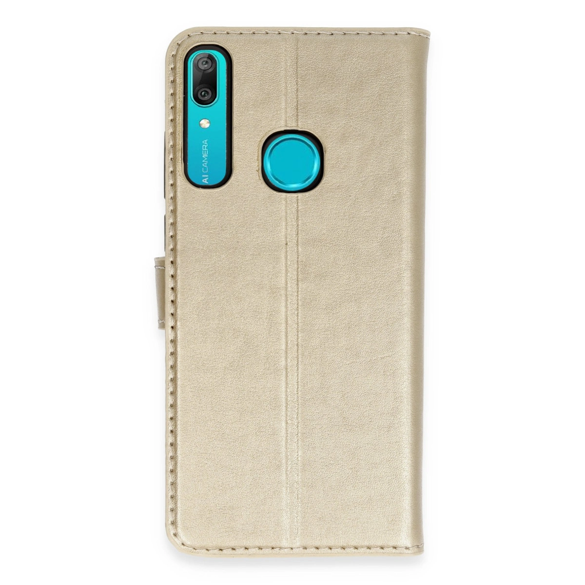 Altın rengi kapaklı telefon kılıfı, kamera oyuğu ve parmak izi sensörü.