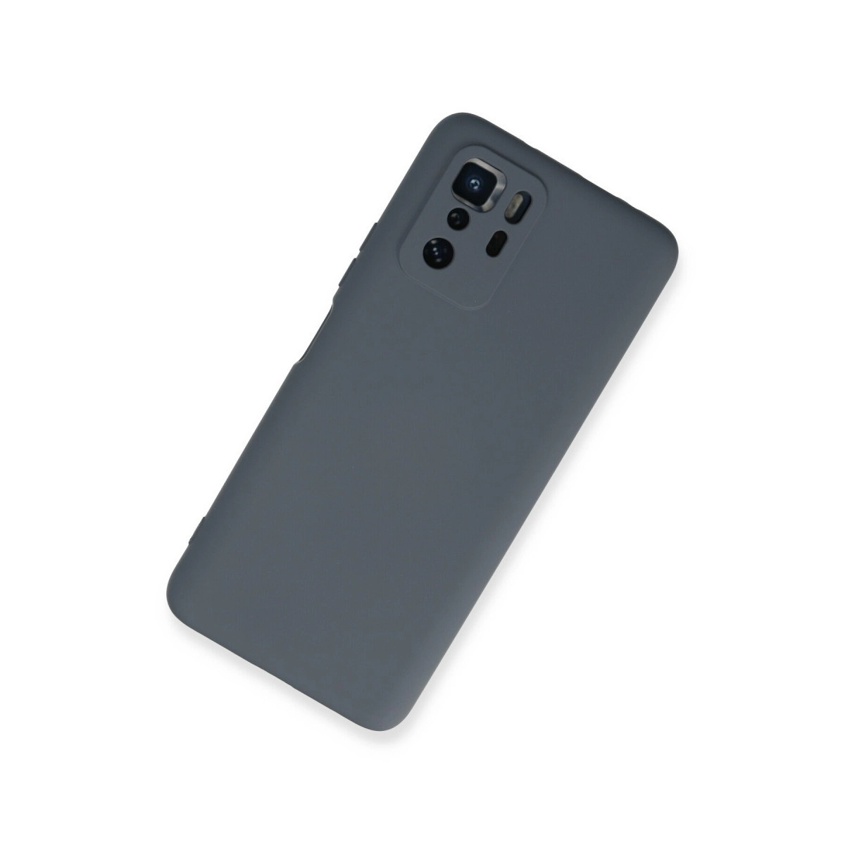 Beyaz arka plan üzerinde kamera modüllü koyu gri telefon kılıfı.