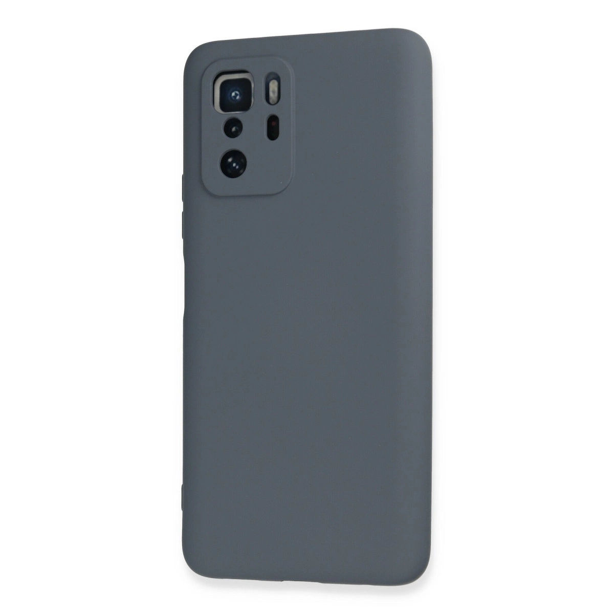 Beyaz arka plan üzerinde kamera modülü olan gri telefon kılıfı.