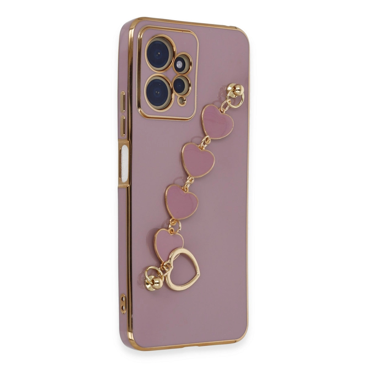 Altın kenarlı mor telefon kılıfı ve kalp şeklinde takı.