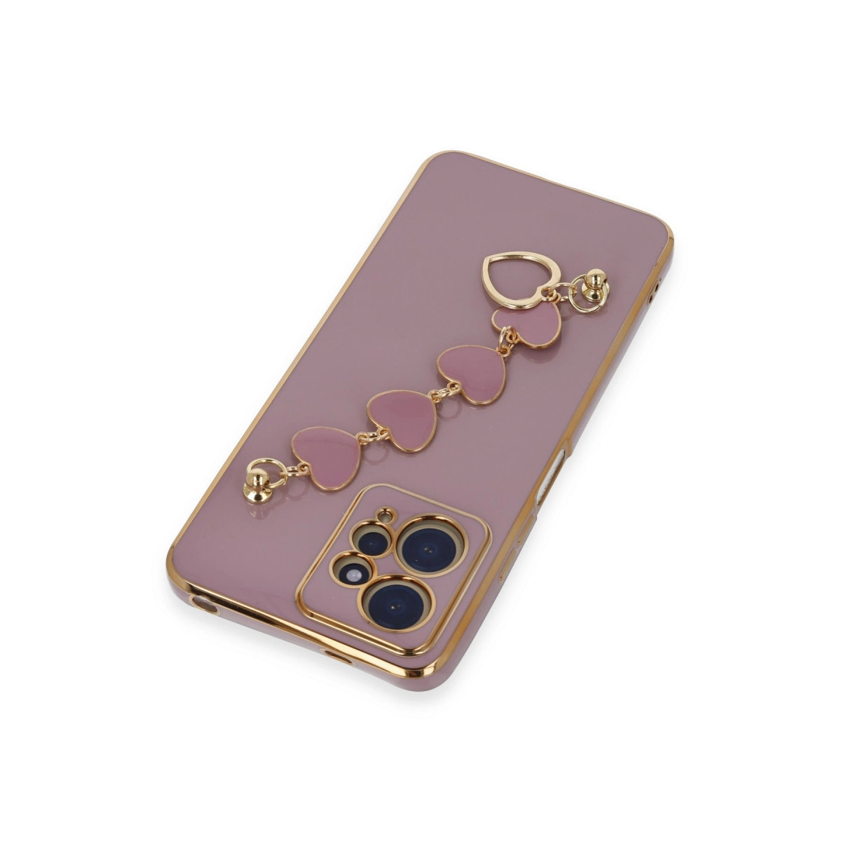 Altın ve pembe kalp takılı mor telefon kılıfı.