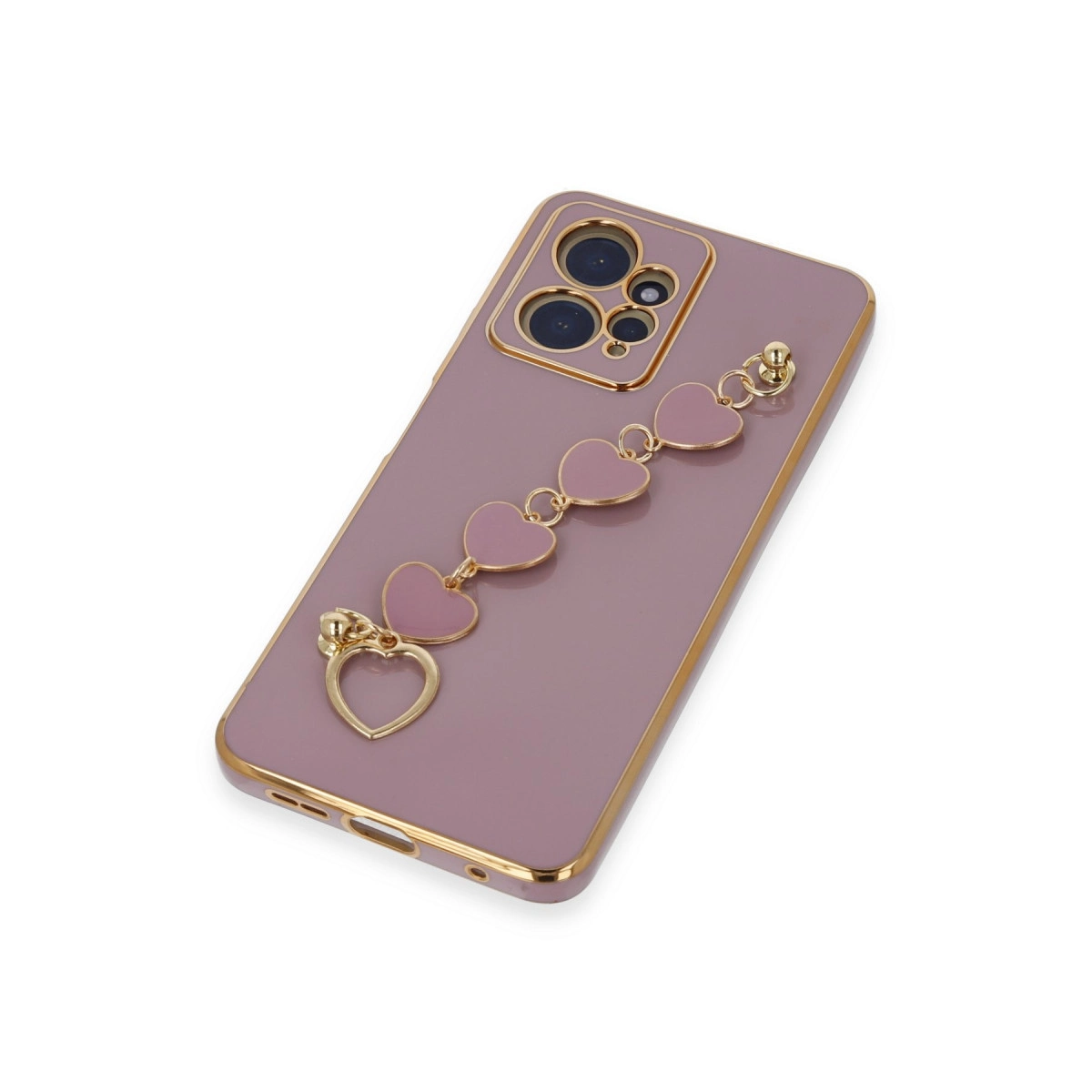 Kalp şeklinde charm ve altın kenarlı mor telefon kılıfı.