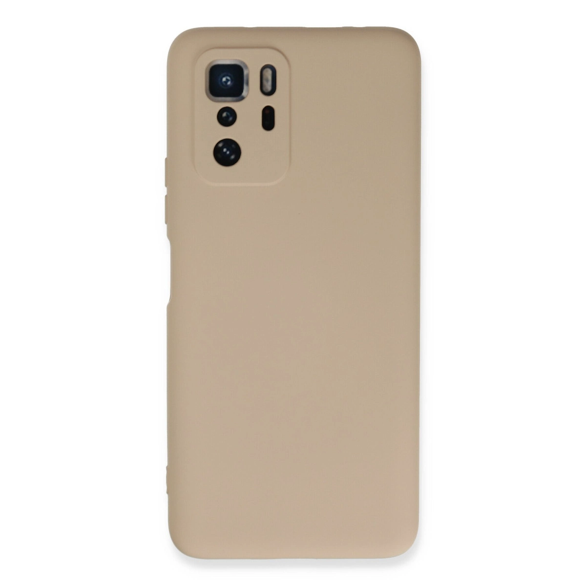 Sol üstte kamera modülü düzenlemesi olan bej telefon kılıfı.