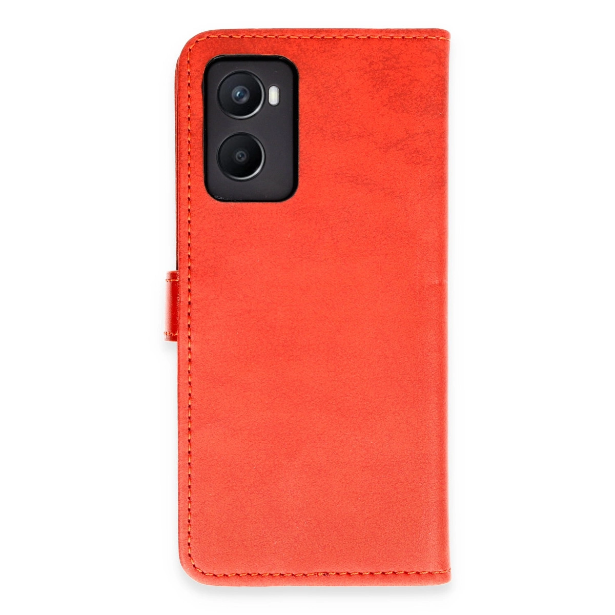 Arkada iki kamera lensi olan turuncu telefon kılıfı.