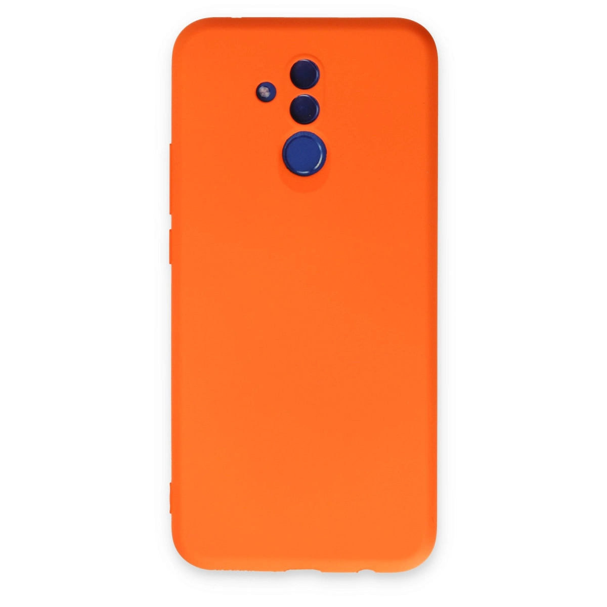 Üç mavi kamera lensi ve mavi parmak izi sensörlü turuncu telefon kılıfı.
