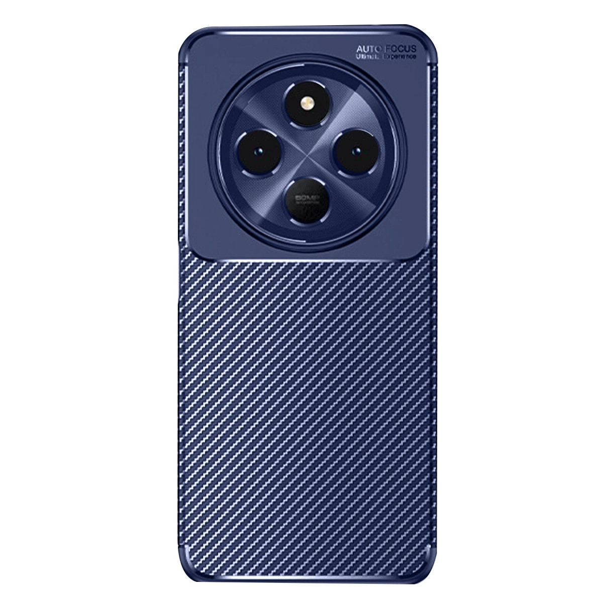Karbon fiber desenli ve üçlü kameralı lacivert telefon kılıfı.