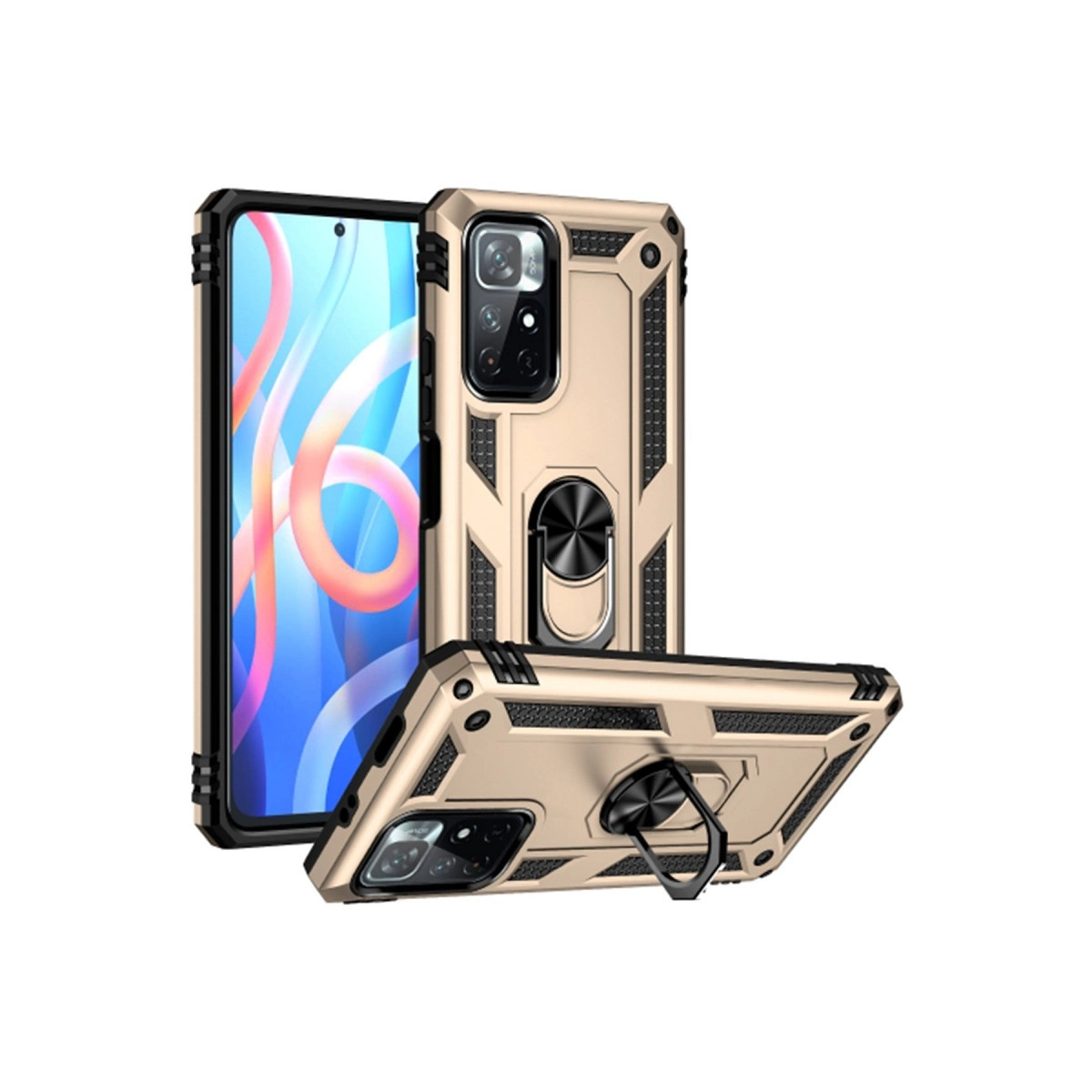 Halka tutuculu altın rengi telefon kılıfları, biri ekranını gösteriyor.
