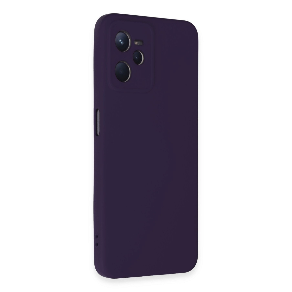 Arkada üçlü kamera kesiği olan koyu mor telefon kılıfı.