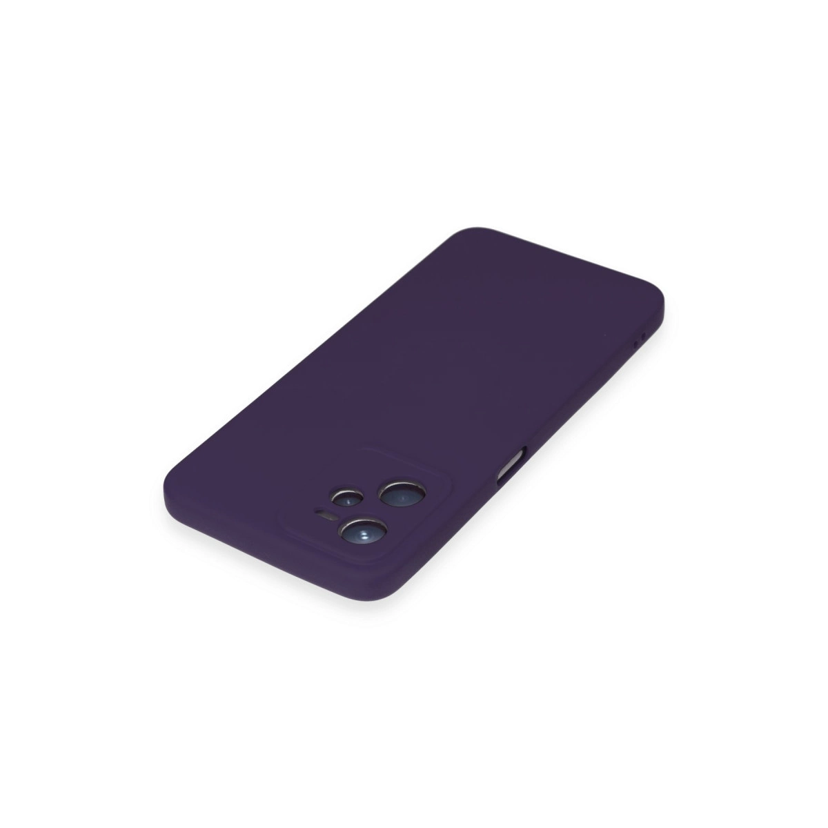 Kamera açıklığı olan beyaz arka plan üzerinde koyu mor telefon kılıfı.