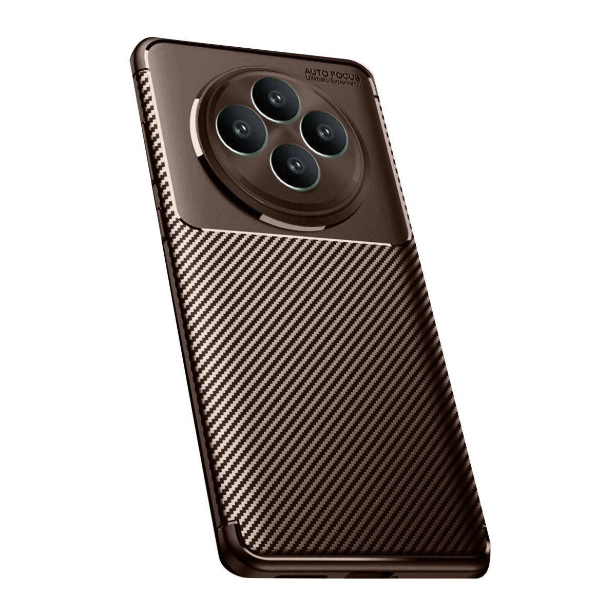 Karbon fiber desenli ve dört kameralı kahverengi telefon kılıfı.