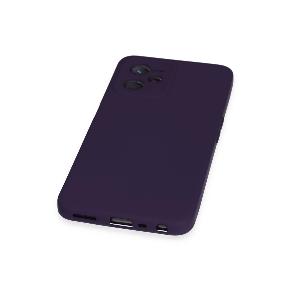 Üç kamera lensli ve şarj portlu koyu mor telefon kılıfı.