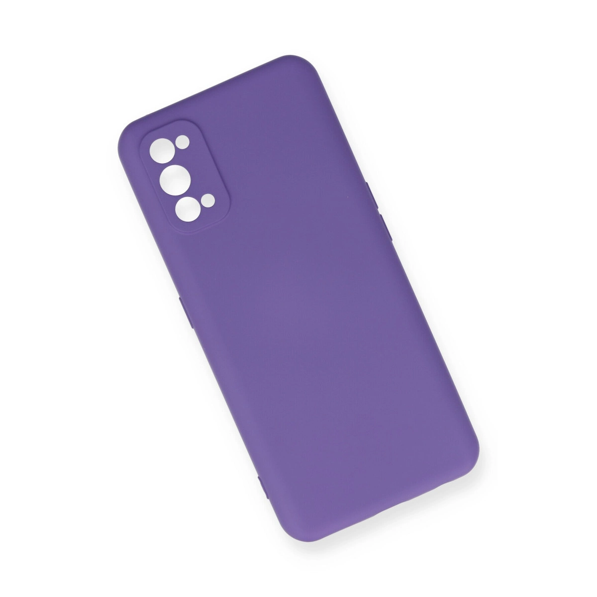 Beyaz arka plan üzerinde kamera kesimli mor telefon kılıfı.