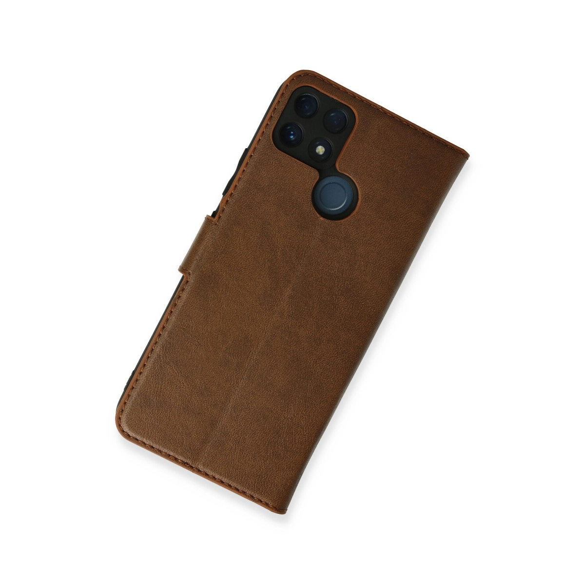 Kamera modülü ve parmak izi sensörlü kahverengi telefon kılıfı, beyaz zeminde.