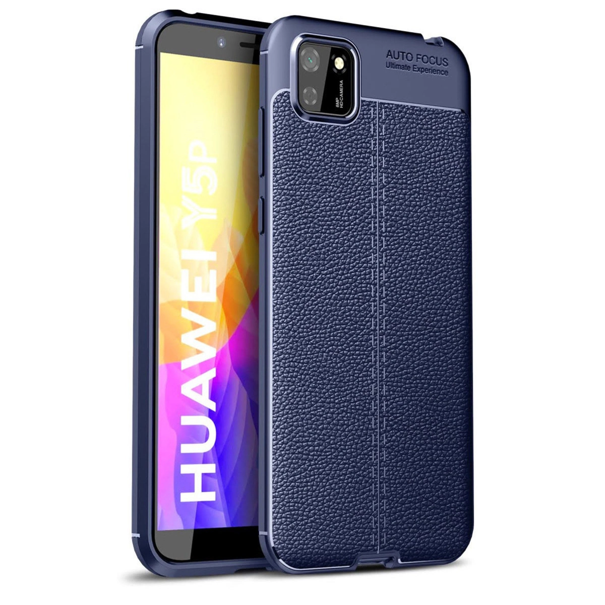 Arka kameralı, deri dokulu kılıfta koyu mavi telefon.