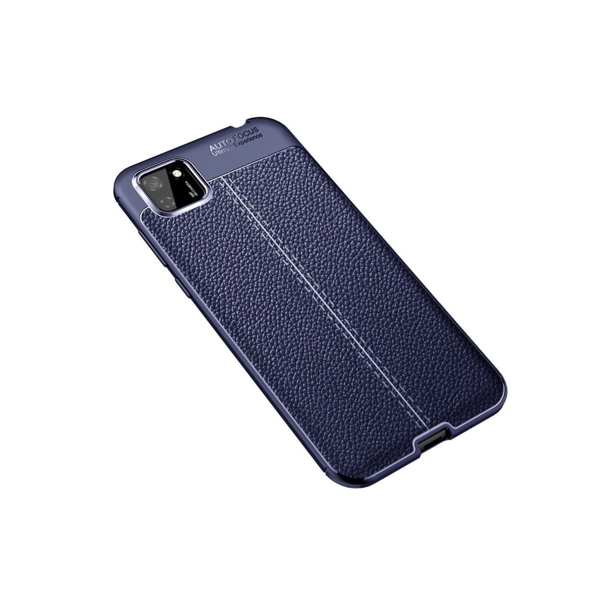 Deri dokulu, dikişli lacivert telefon kılıfı, beyaz zeminde.
