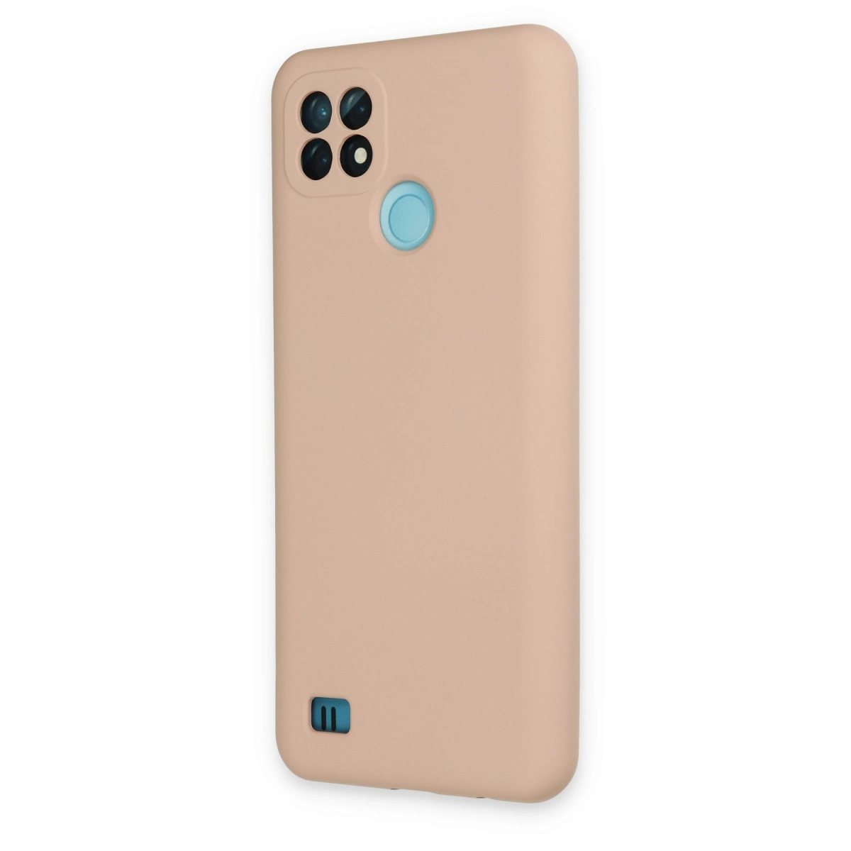 Dört kamera lensli ve mavi parmak izi sensörlü bej akıllı telefon kılıfı.