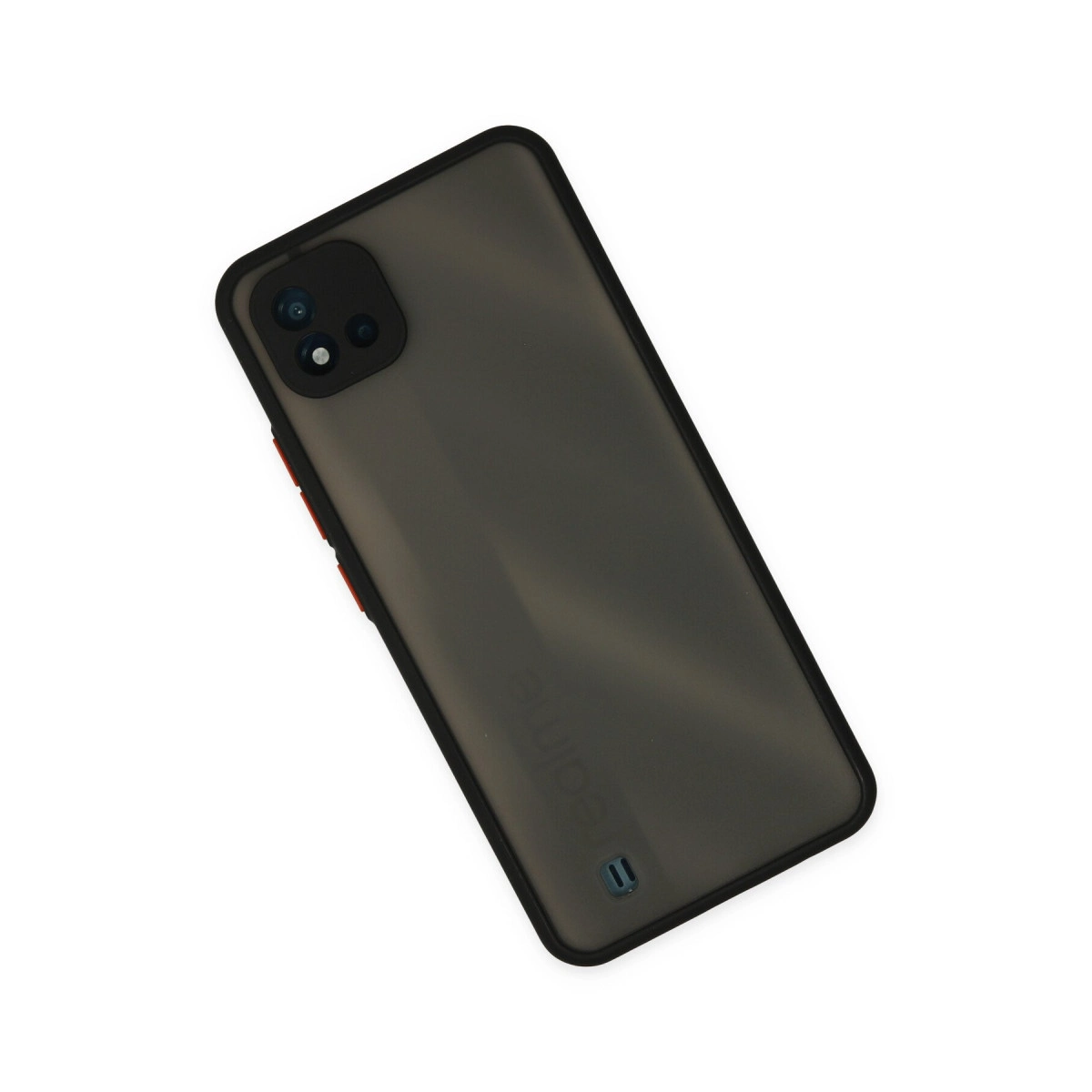 Siyah çerçeveli ve kamera modüllü koyu gri telefon kılıfı.