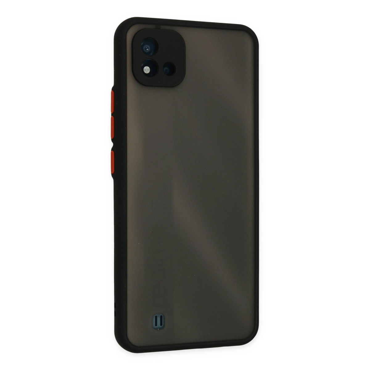 Siyah telefon kılıfı, buzlu cam efekti ve turuncu düğmeler.