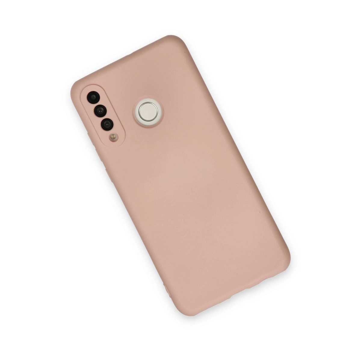 Üç kamera lensli ve parmak izi sensörlü, pembe renkte telefon kılıfı.