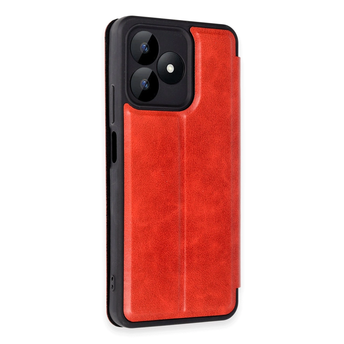 Arkada üç kamera lensi olan kırmızı telefon kılıfı.