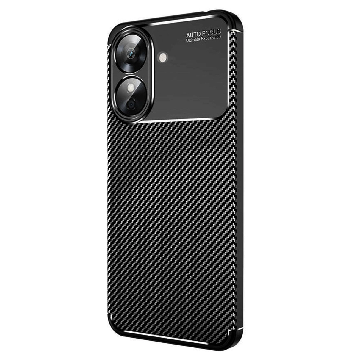 Karbon fiber dokulu siyah telefon kılıfı ve çift kamera lensi.
