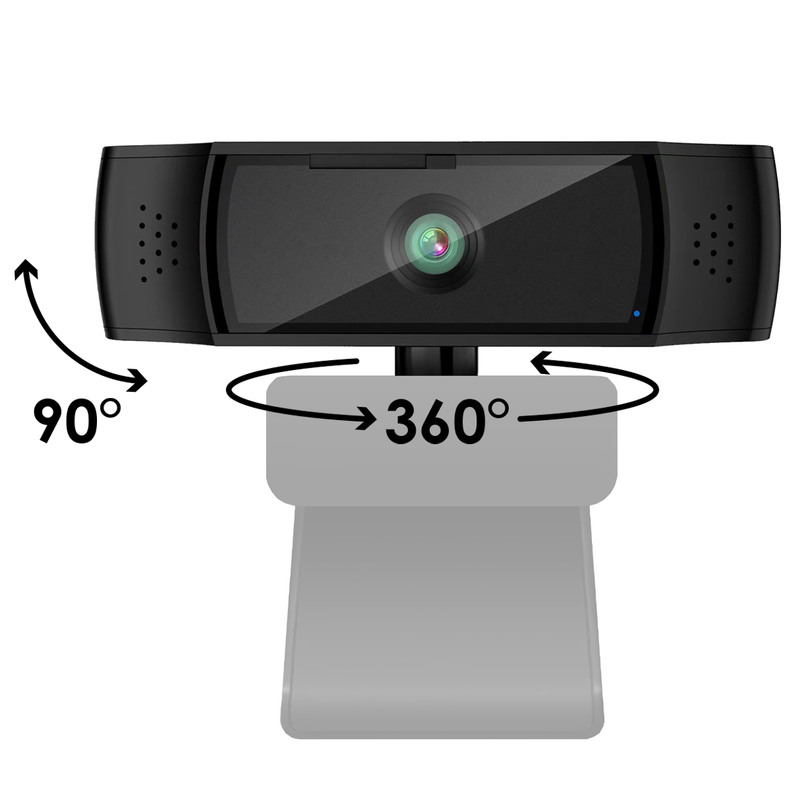 Webcam nera su supporto grigio, con indicatori di rotazione 90° e 360°.