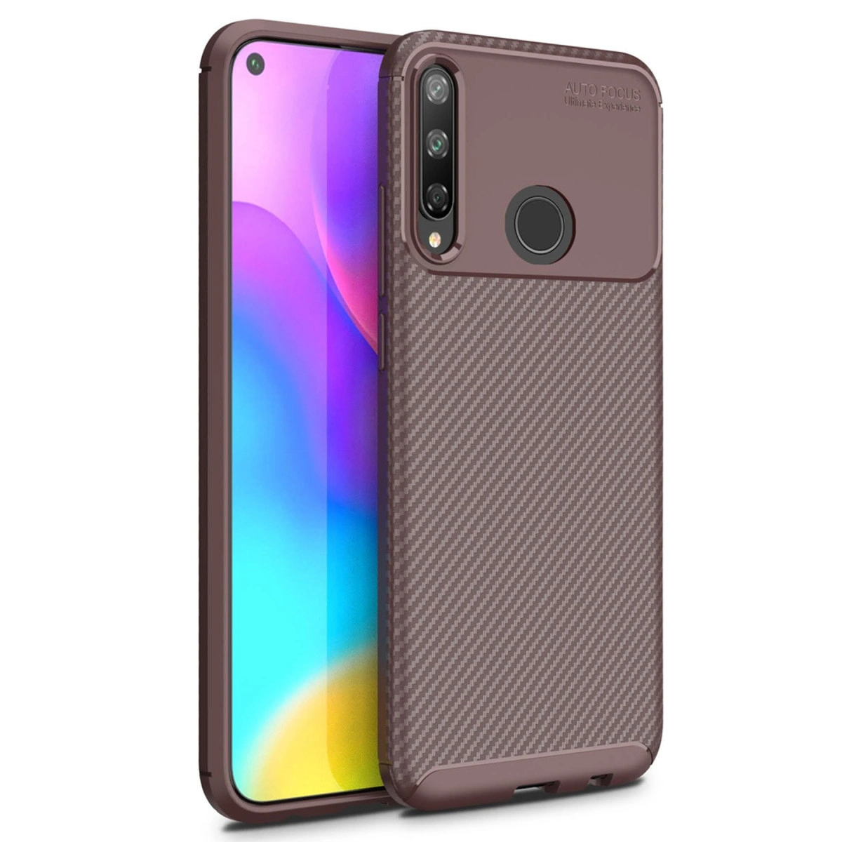NEWFACE Huawei P40 Lite E Uyumlu Auto Focus Karbon Kapak Telefon Kılıfı Kahverengi