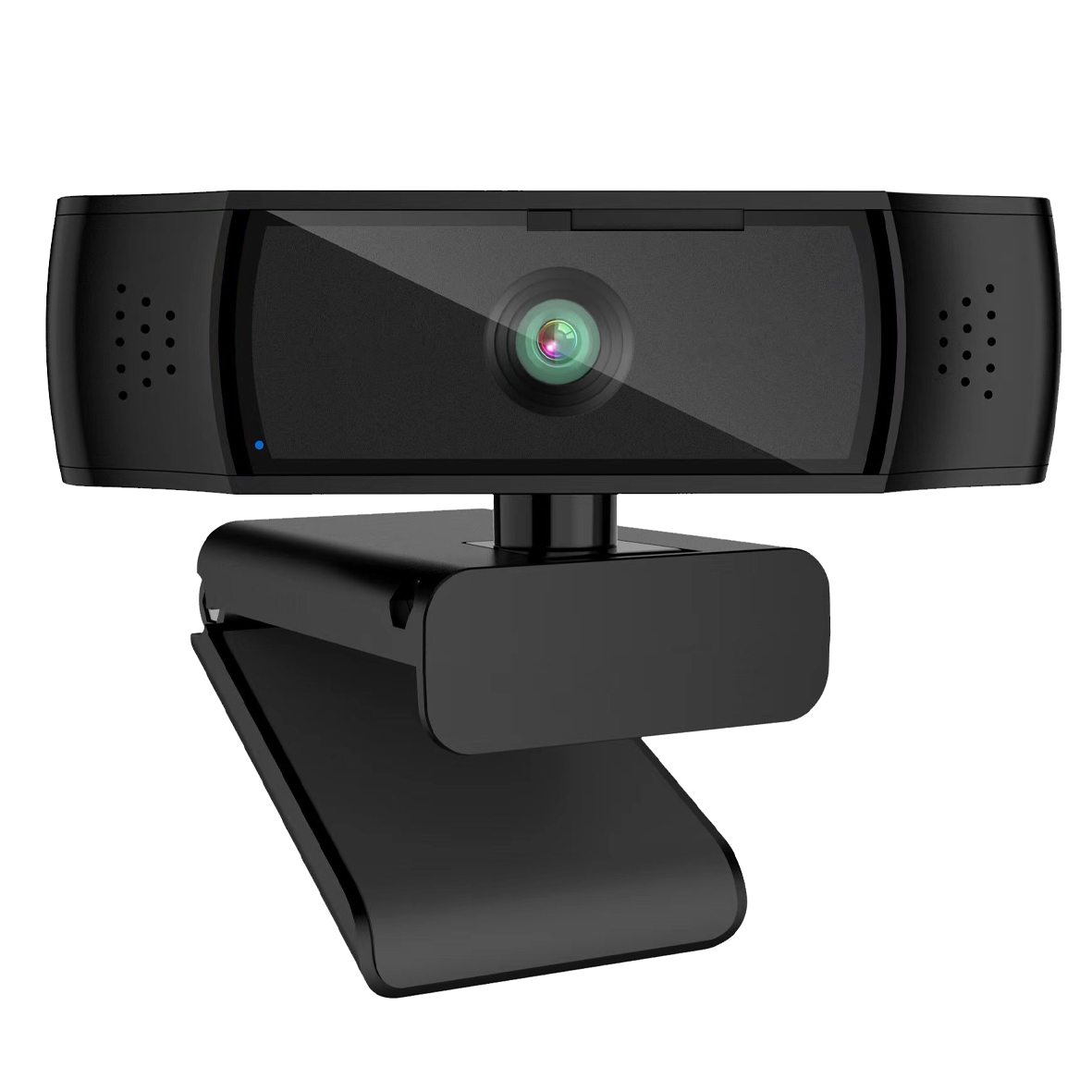 Una webcam nera con fori per microfono e una lente.