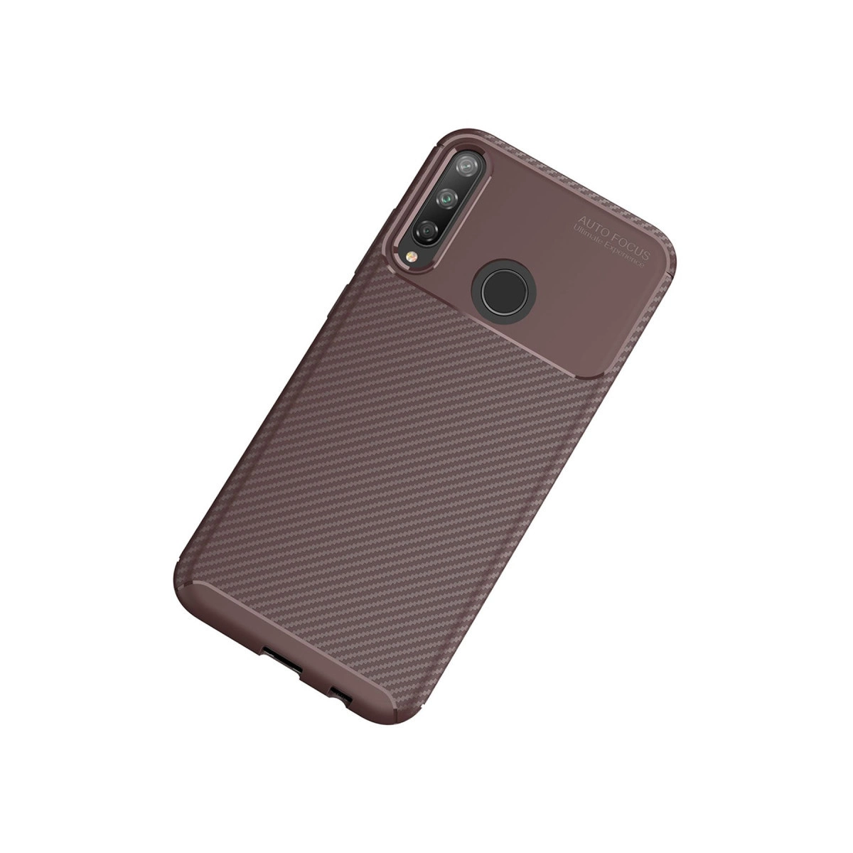 Karbon desenli ve kamera kesimli kahverengi telefon kılıfı.