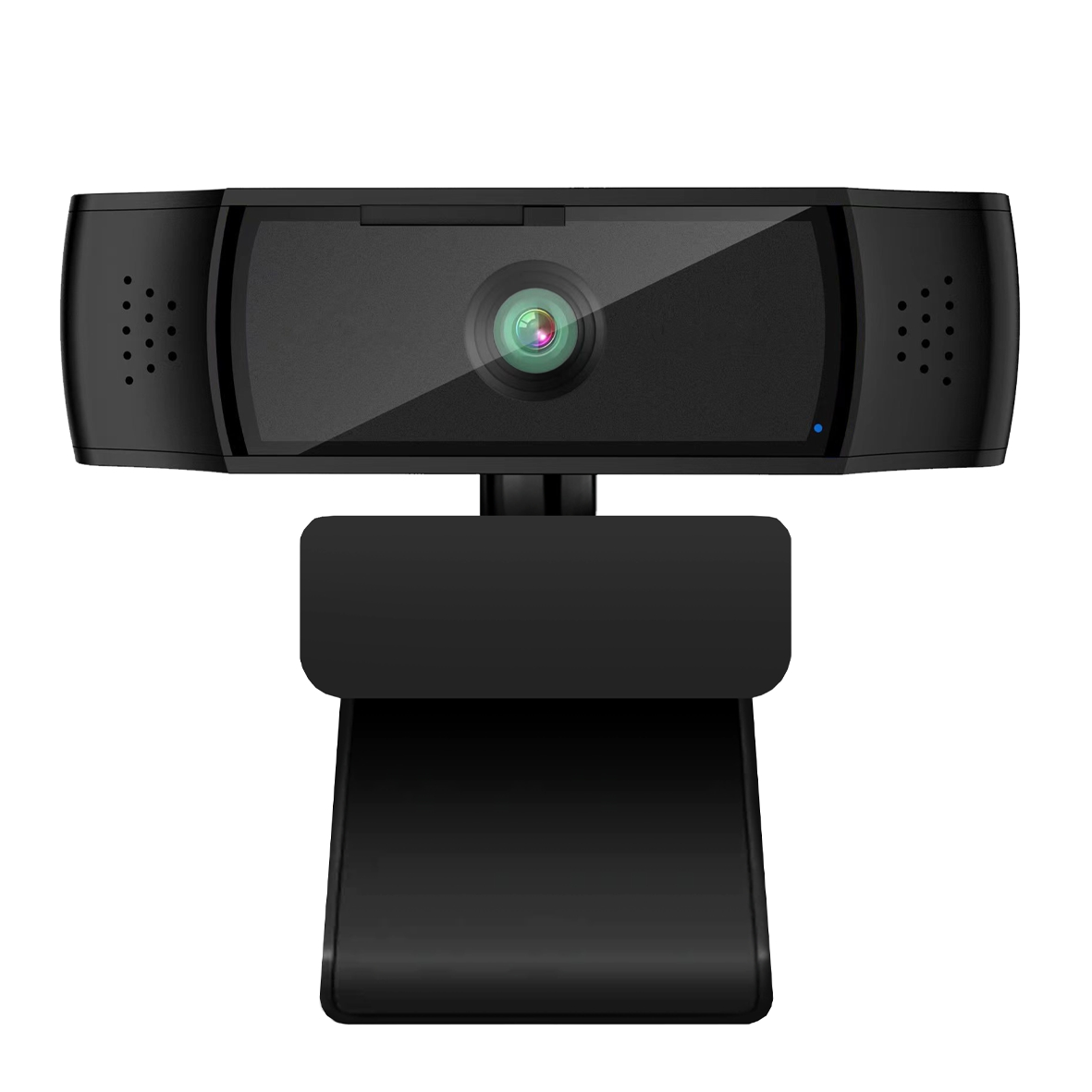 Una webcam nera con supporto girevole. Oggetto mostrato frontalmente.