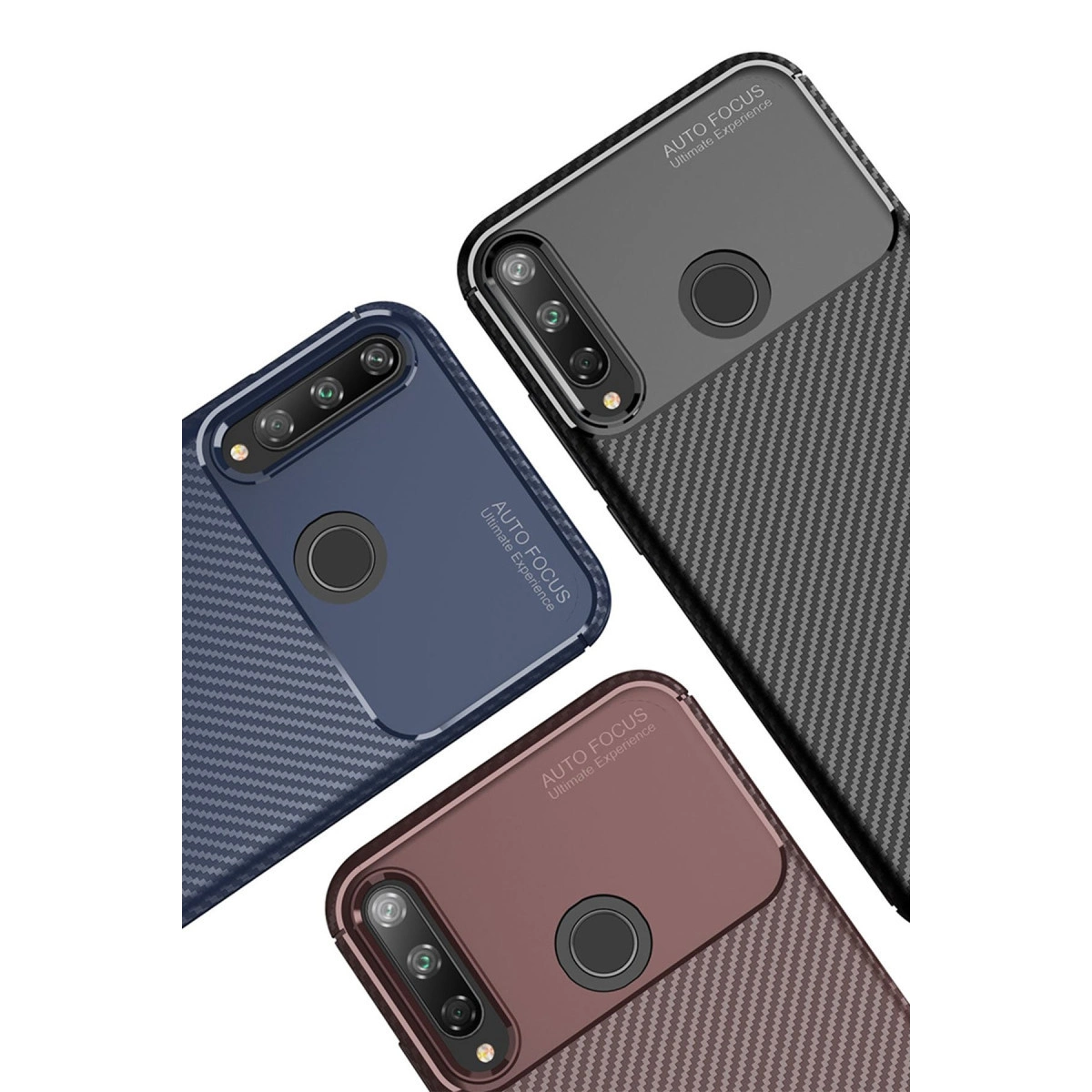 Karbon fiber dokulu mavi, siyah ve kahverengi üç telefon kılıfı.