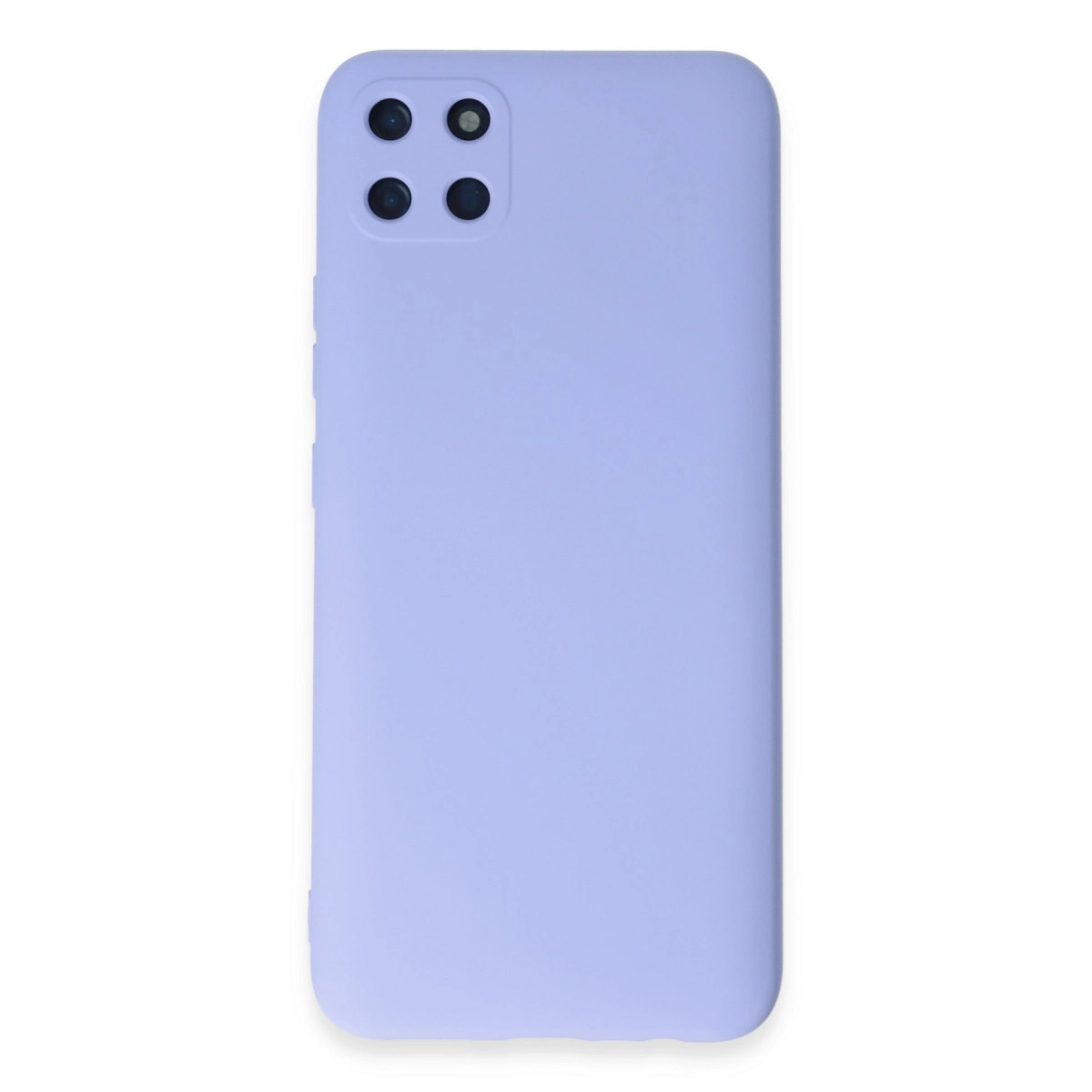 Kare şeklinde dört kamera lensli lavanta rengi telefon kılıfı.