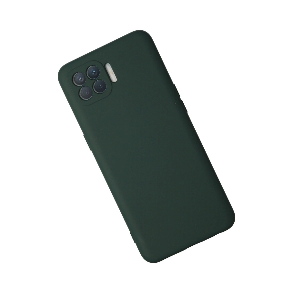 Dört kameralı ve flaşlı koyu yeşil telefon kılıfı.