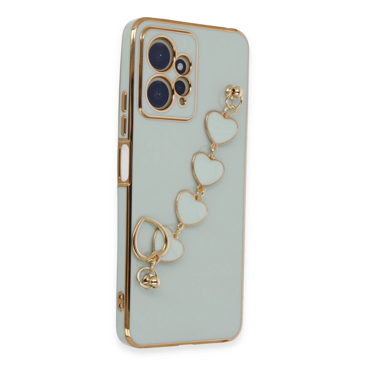 Altın kenarlı, açık yeşil telefon kılıfı ve kalp charm zinciri.